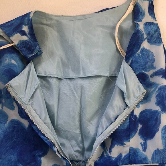 Vintage 60s Party Cocktail Sheath Dress Small Blue Floral Chiffon Swing Mad Men - Picture 5 of 13